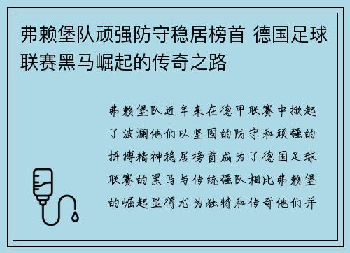 弗赖堡队顽强防守稳居榜首 德国足球联赛黑马崛起的传奇之路