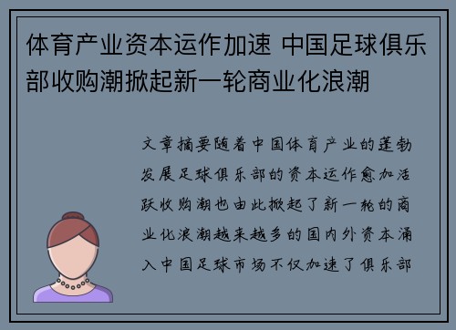 体育产业资本运作加速 中国足球俱乐部收购潮掀起新一轮商业化浪潮